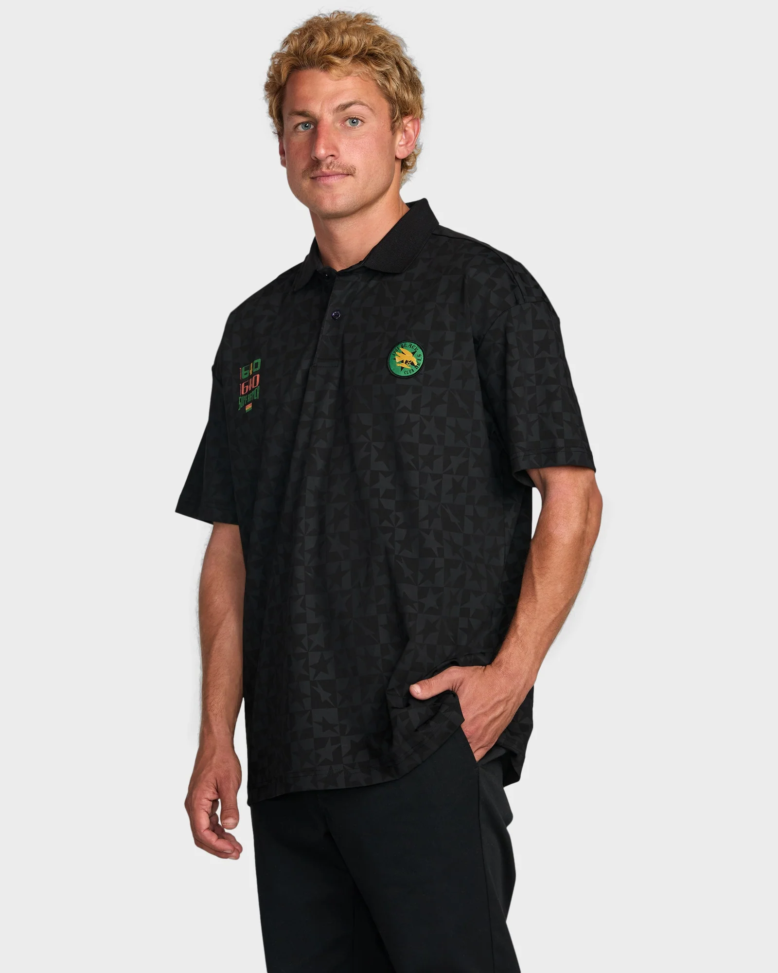 Mens Black Star Surf Short Sleeve Polo Shirt - Image 2