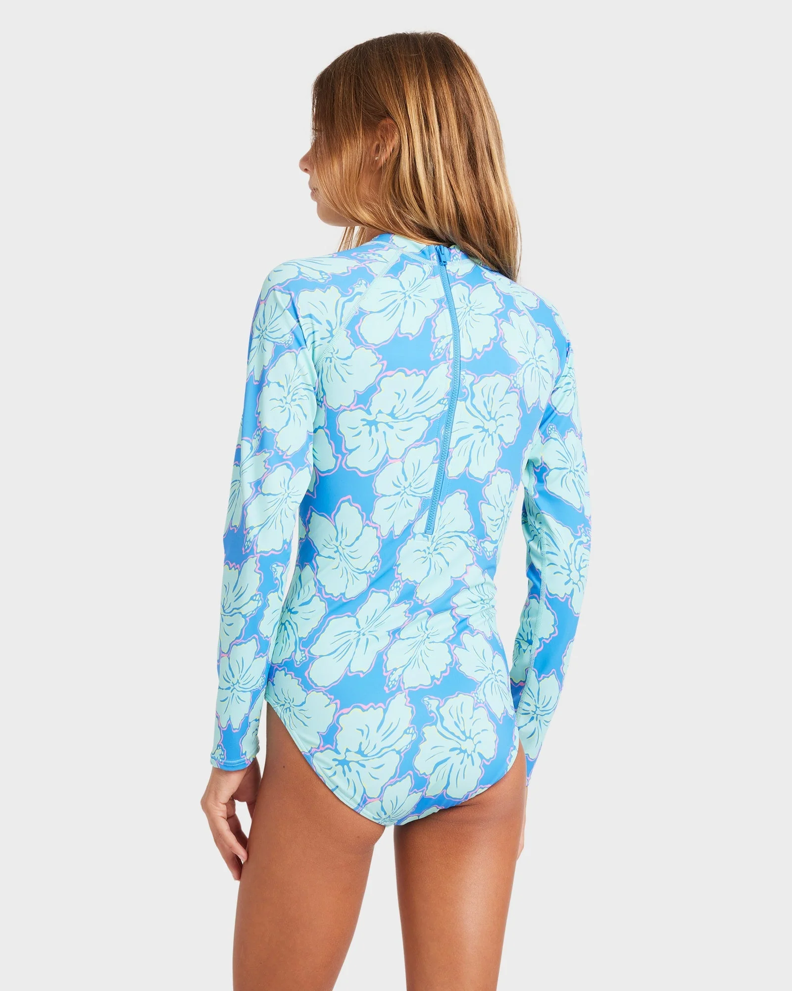 Girls 6-14 Happy Hibiscus Long Sleeve Bodysuit Rash Vest - Image 2