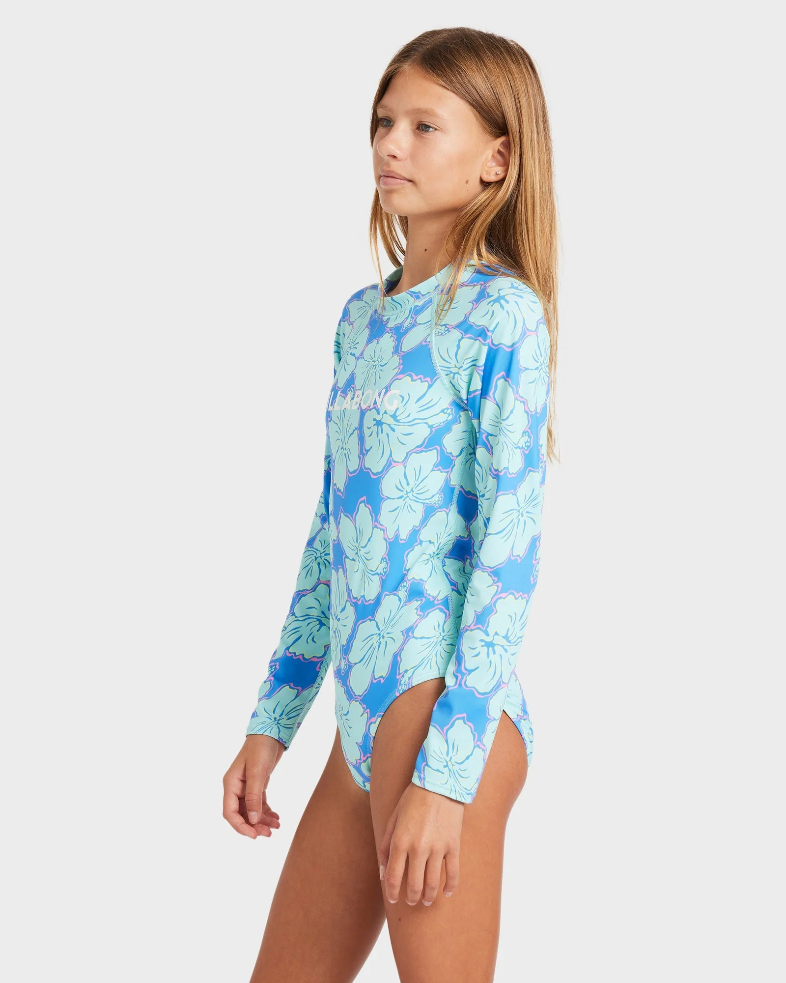 Girls 6-14 Happy Hibiscus Long Sleeve Bodysuit Rash Vest - Image 3
